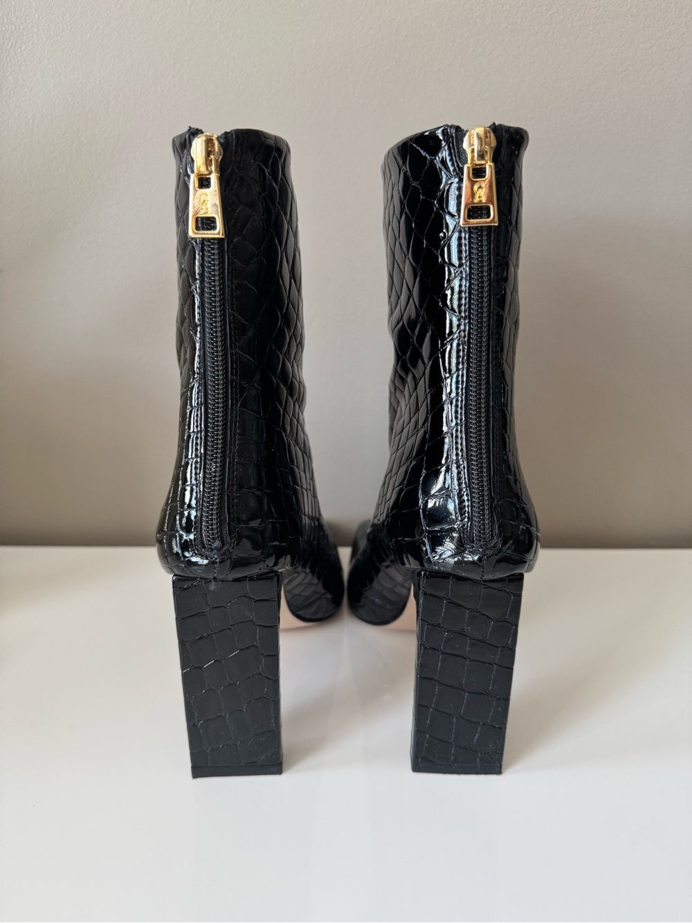Good American Black Croc-Embossed Square-Toe Block Heel Ankle Boots, 7.5 - Picture 3 of 4